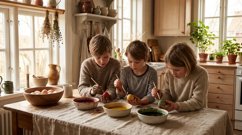 Børn farver påskeæg med farverige naturfarver og pensler ved bord