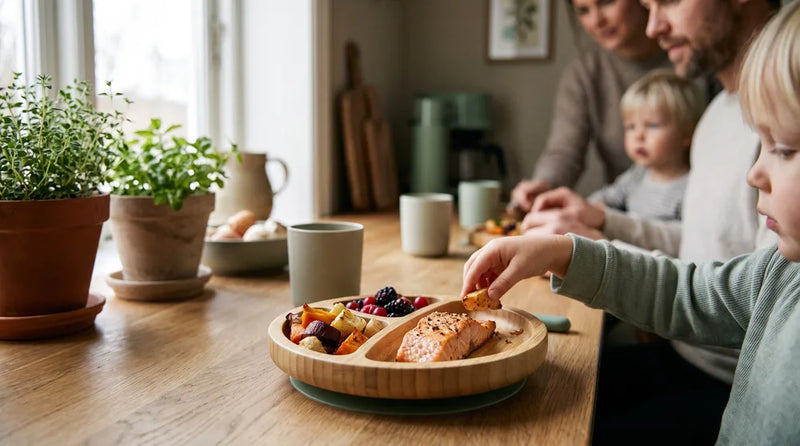 Børnetallerken med passende portioner af forskellige madvarer