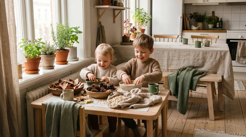 Barn udforsker forskellige teksturer i en sanseleg ved bordet