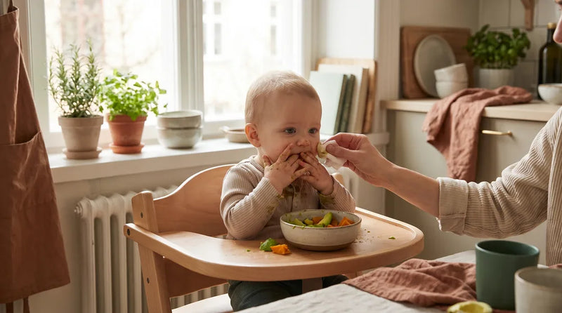 Baby spiser selv bløde madstykker med hænderne i høj stol