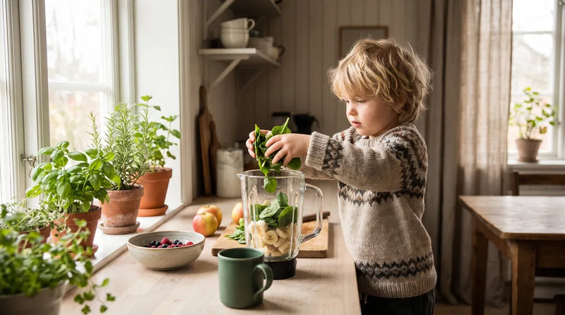 Barn fylder frugt og spinat i en blender for at lave en smoothie