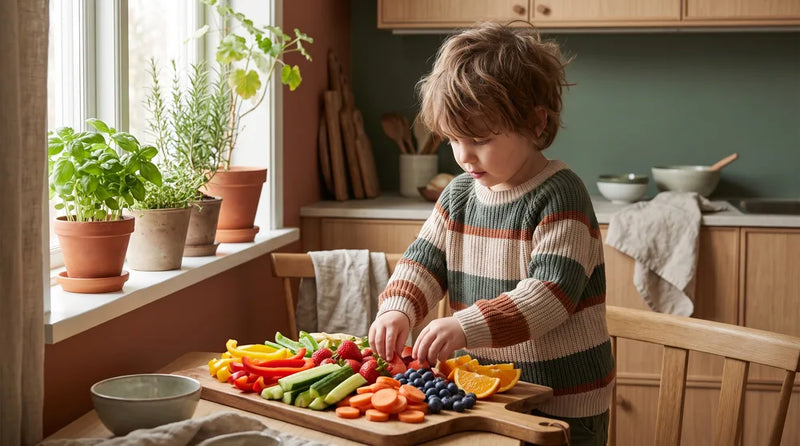 Barn anretter et farverigt snackfad med grøntsager og frugt