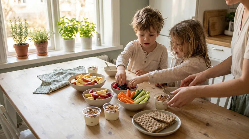 Sunde mellemmåltider til børn på bord med frugt, grøntsager og yoghurt