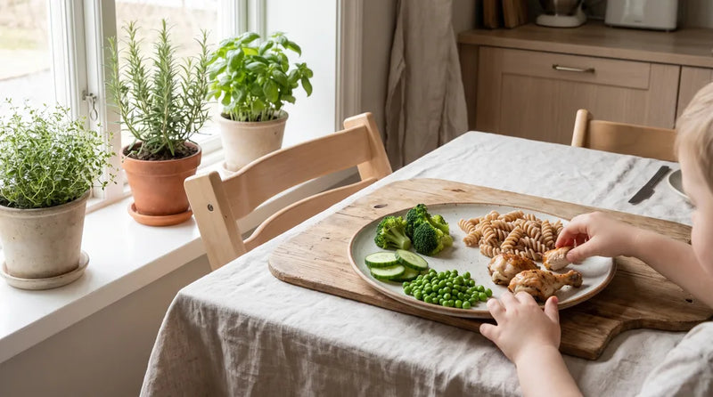 Varieret børnemåltid med grønt, fuldkorn og protein på tallerkenen